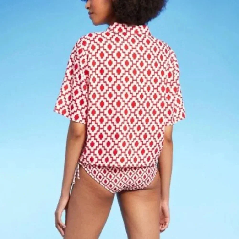 Shade & Shore™ Cropped Button-Up Short Sleeve Cover Up Top - Size XL - Red - NWT